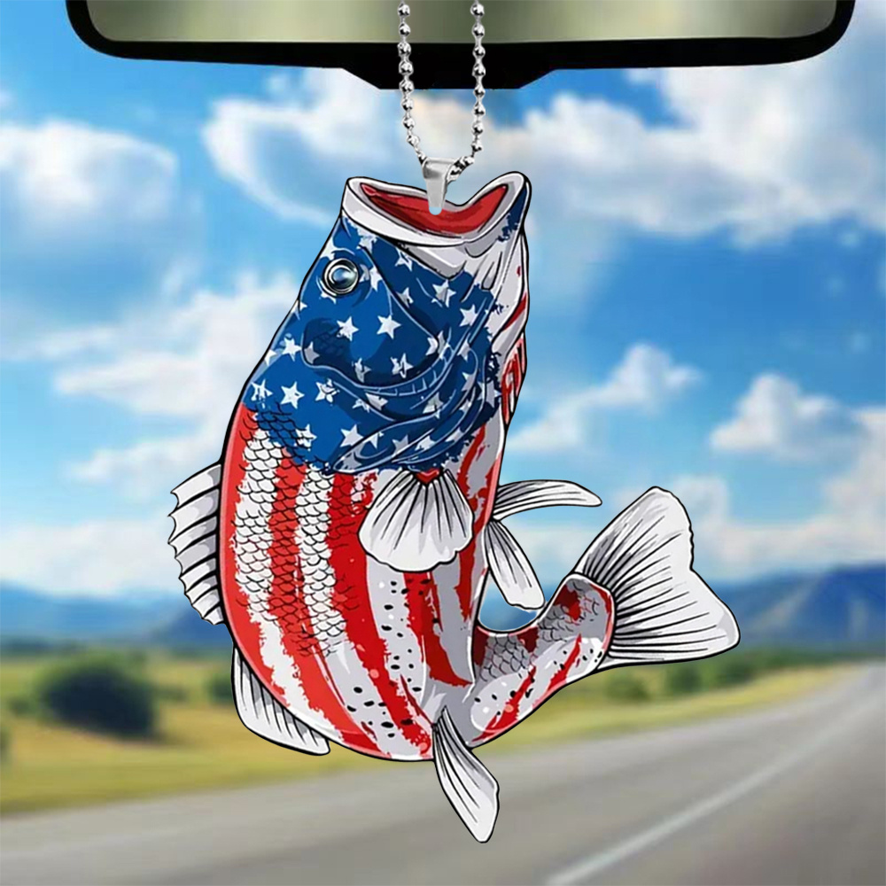 

American Flag Fishing Acrylic Charm Pendant - Waterproof Weather Resistant 2d Flat Accessory For Car Mirror, Bag, Keychain - Patriotic Fish Design Ornament For Anglers