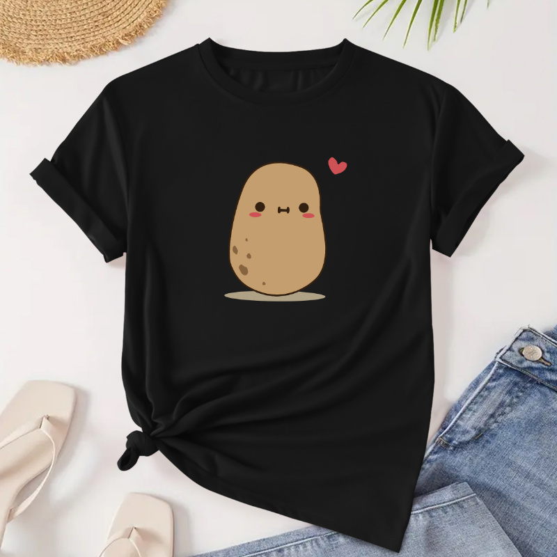 

Cartoon Potato Print T-shirt, Short Sleeve Crew Neck Casual Top For Summer & Spring, Women's Clothing