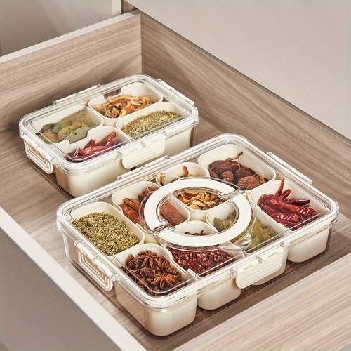 1pc Storage Container, 4/8 Compartments Snackle Box With Lid And Handle, Portable Divided Serving Tray, For Fruit, Veggie, Candy And Sugar, Kitchen Organizers And Storage, Kitchen Accessories Food Storage Containers With Lids Food Storage Containers