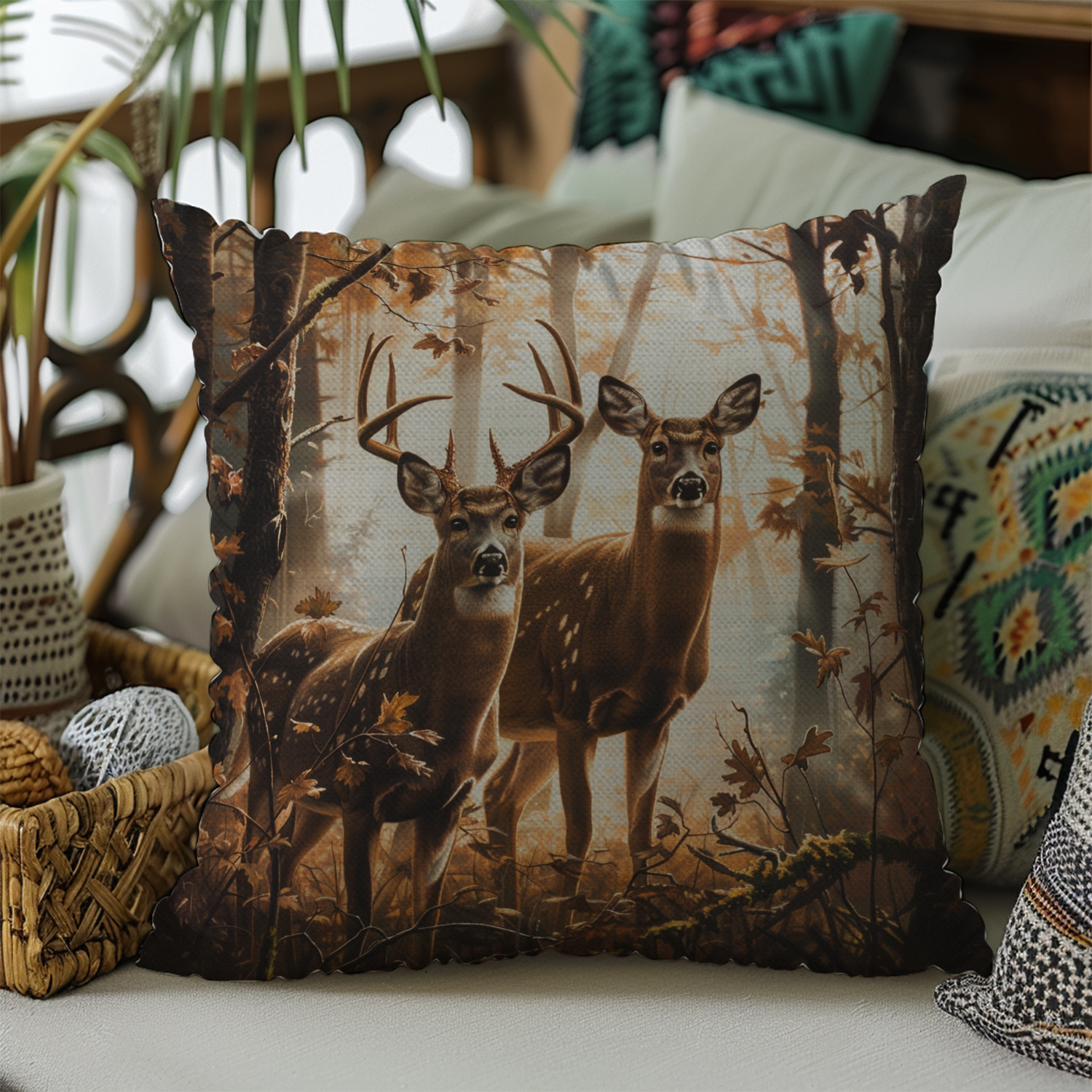 

1pc, 2 White-tailed Deer Standing In The Woods Decorative Outdoor Linen Fabric Throw Pillow Cover 18x18in/45cmx45cm Suitable For Sofa Bedcar And Home Use