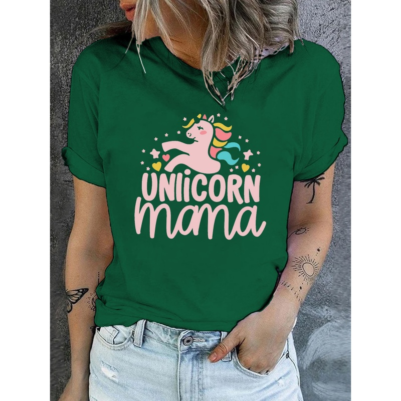 

Unicorn Print T-shirt, Short Sleeve Crew Neck Casual Top For Summer & Spring, Women's Clothing