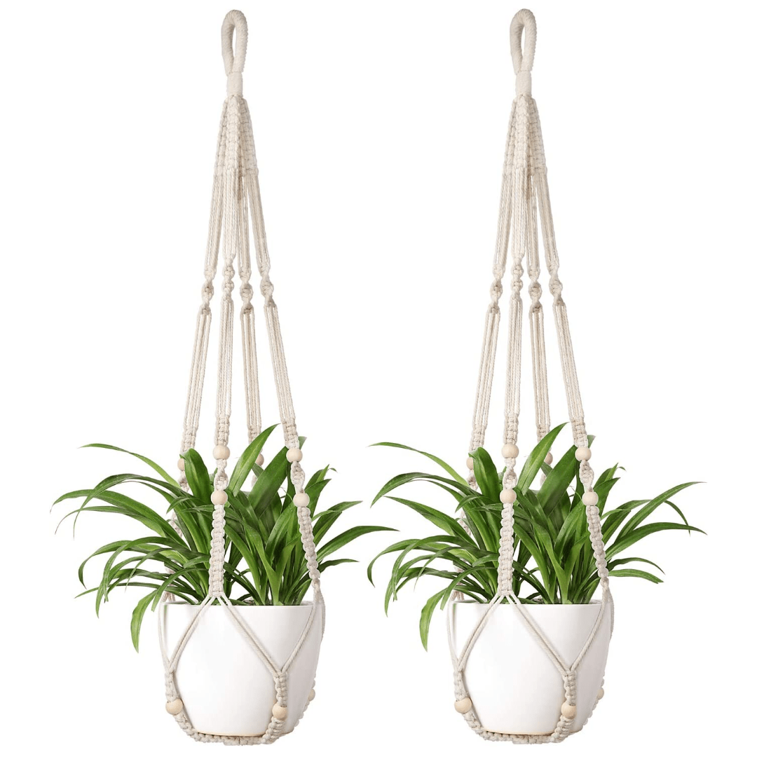 

Boho Chic 35" Ivory Macrame Plant Hanger With Wood Beads - Versatile Indoor/outdoor Decorative Flower Pot Stand, Perfect For Home & Garden