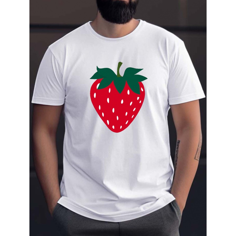 

Cute Minimalist Strawberry Art Wrinkle Print Tee Shirt, Tees For Men, Casual Short Sleeve T-shirt For Summer