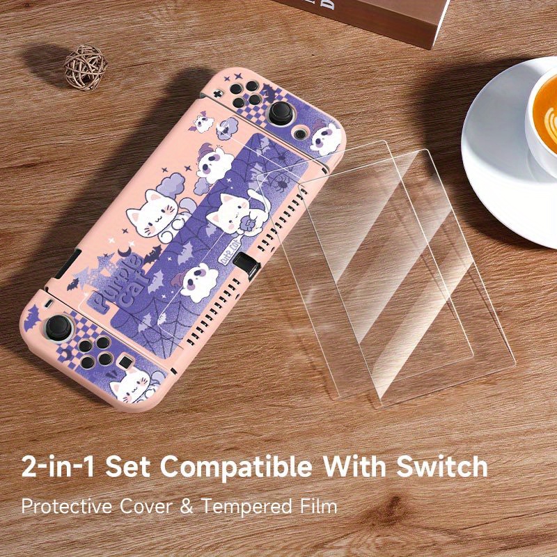 

Charming Cat Pattern Protective Case And 2 Tempered Glass Screen Protectors Set For Switch Ns/oled/lite, Scratch Resistant Tpu Cover Compatible With Switch Console And