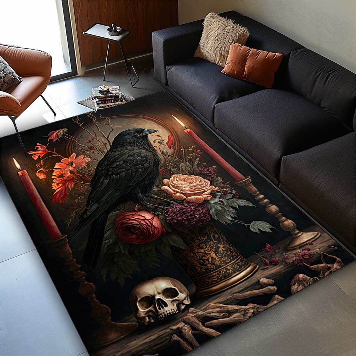 

Gothic Crow & Rug With Floral And Candle Design - 100% Polyester Home Decor Area Mat For Living Room, Bedroom, Patio - Durable Crystal Velvet Carpet, Gift Item (800g/m², High-density)