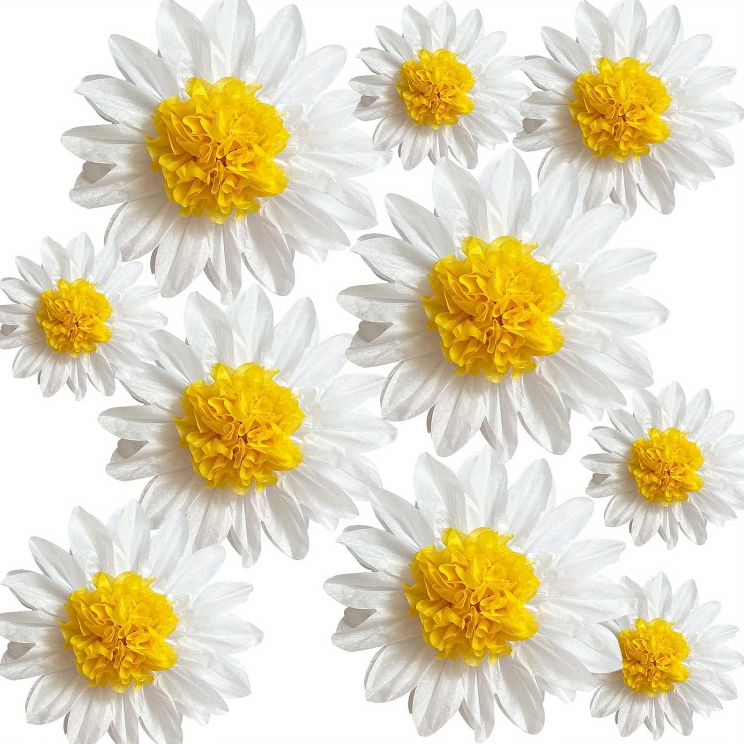

10-piece Daisy Tissue Paper Pom Poms - White & Yellow Flower Wall Decor For Birthday, Bridal, Wedding, Classroom Parties