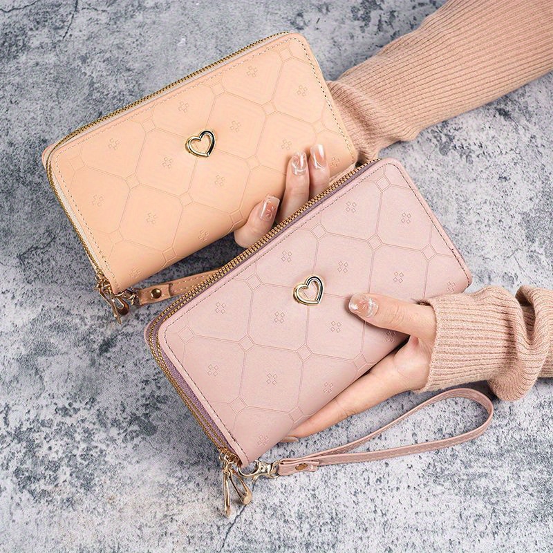 

Geometric Heart Design Women's Wallet, Faux Leather Clutch Mobile Phone Bag, Large Capacity Clutch With Double Zipper, Fashion Handbag