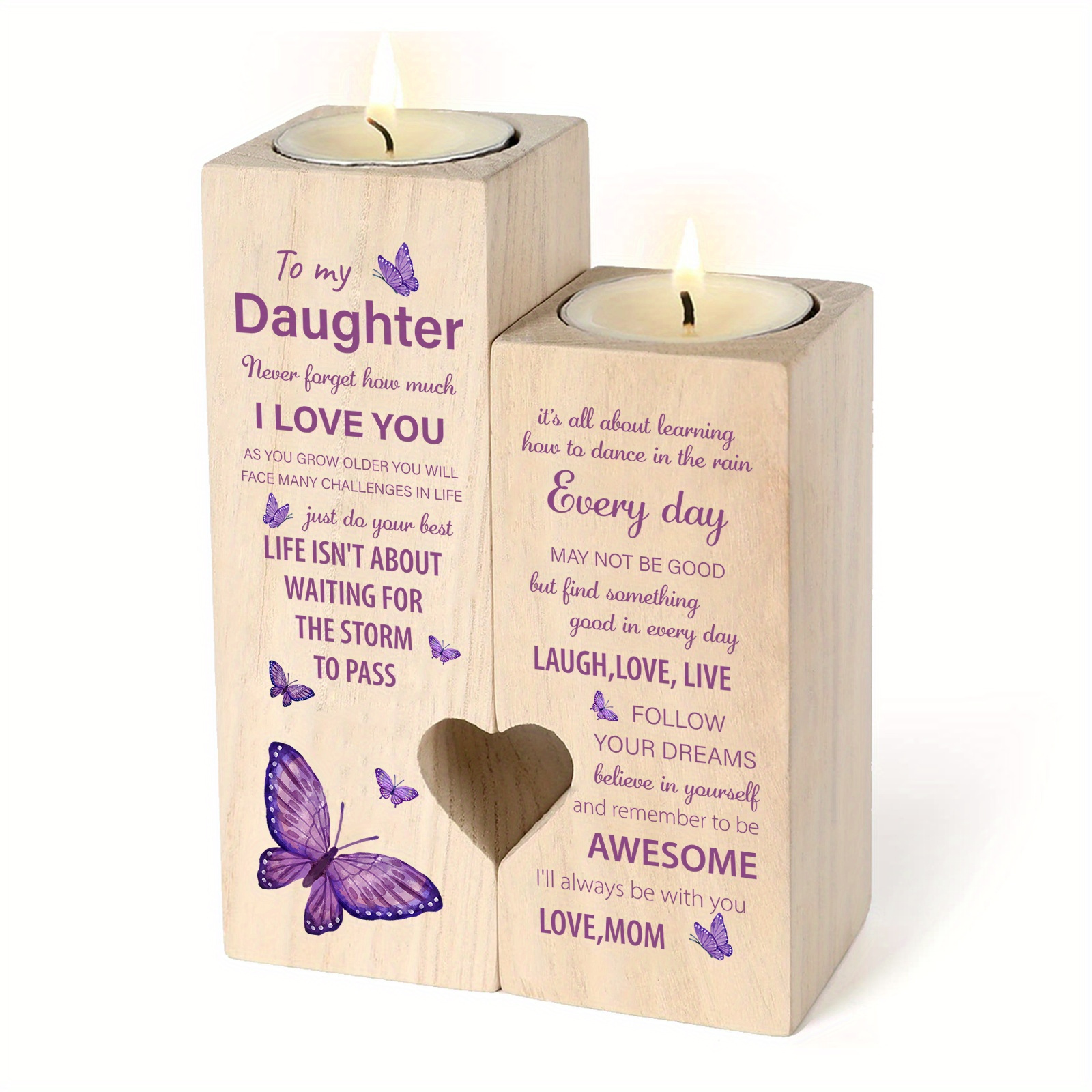 

2pcs/set Personalized Heart Shaped Candle Holders Gift To Daughter From Mom (candles Are Not Included), Wooden Candlestick Holders, Home Decorative, Birthday, Memorial Gift