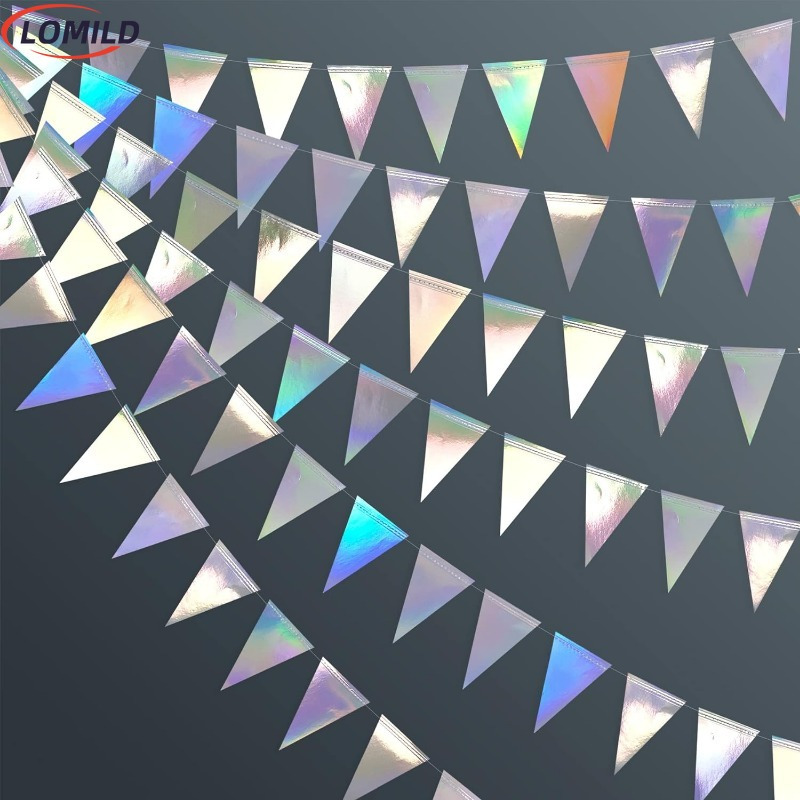 

Lomild Iridescent Party Decorations - 2 Pack 40ft Paper Triangle Pennant Banner Flag Garland For Birthday, Graduation, Wedding, Baby Shower, Disco, And Hen Party Supplies - No Electricity Needed