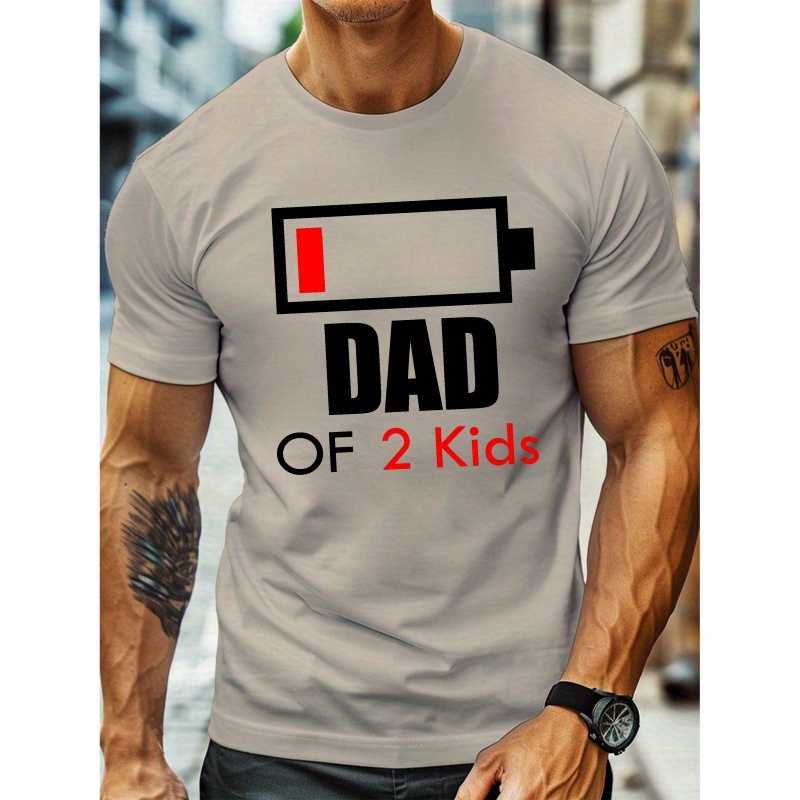 

' Dad Of 2 Kids ' Stylish Print Summer & Spring Tee For Men, Casual Short Sleeve Fashion Style T-shirt, Sporty New Arrival Novelty Top For Leisure