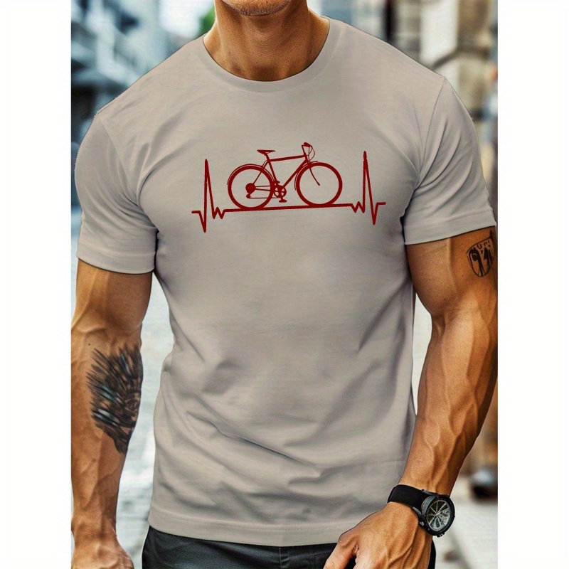 

Heartbeat & Bike Creative Print Summer Casual T-shirt Short Sleeve For Men, Sporty Leisure Style, Fashion Crew Neck Top For Daily Wear