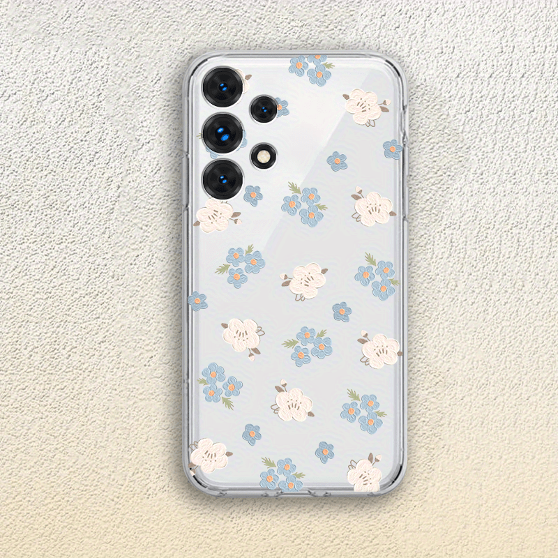 TEMU White Blue Flowe Clear Phone Case For Galaxy A72 A70 A71 A73 5g A53 5g A52 A51 A50 A55 A54 A42 5g A41 A34 A33 A32 5g A31 A25 A23 A22 5g A21s A21