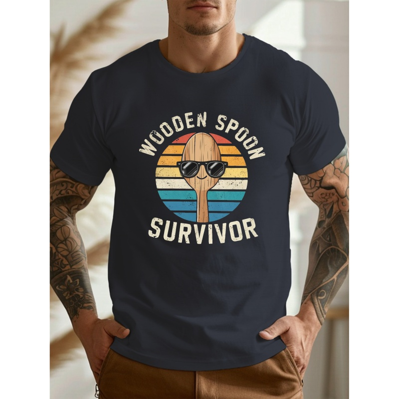

Men's Casual And Creative Tee "wooden Spoon Survivor" Humorous T-shirt With Vintage Design, Short Sleeve, Crew Neck, Soft Fabric, Comfort Fit - Ideal For Daily Wear