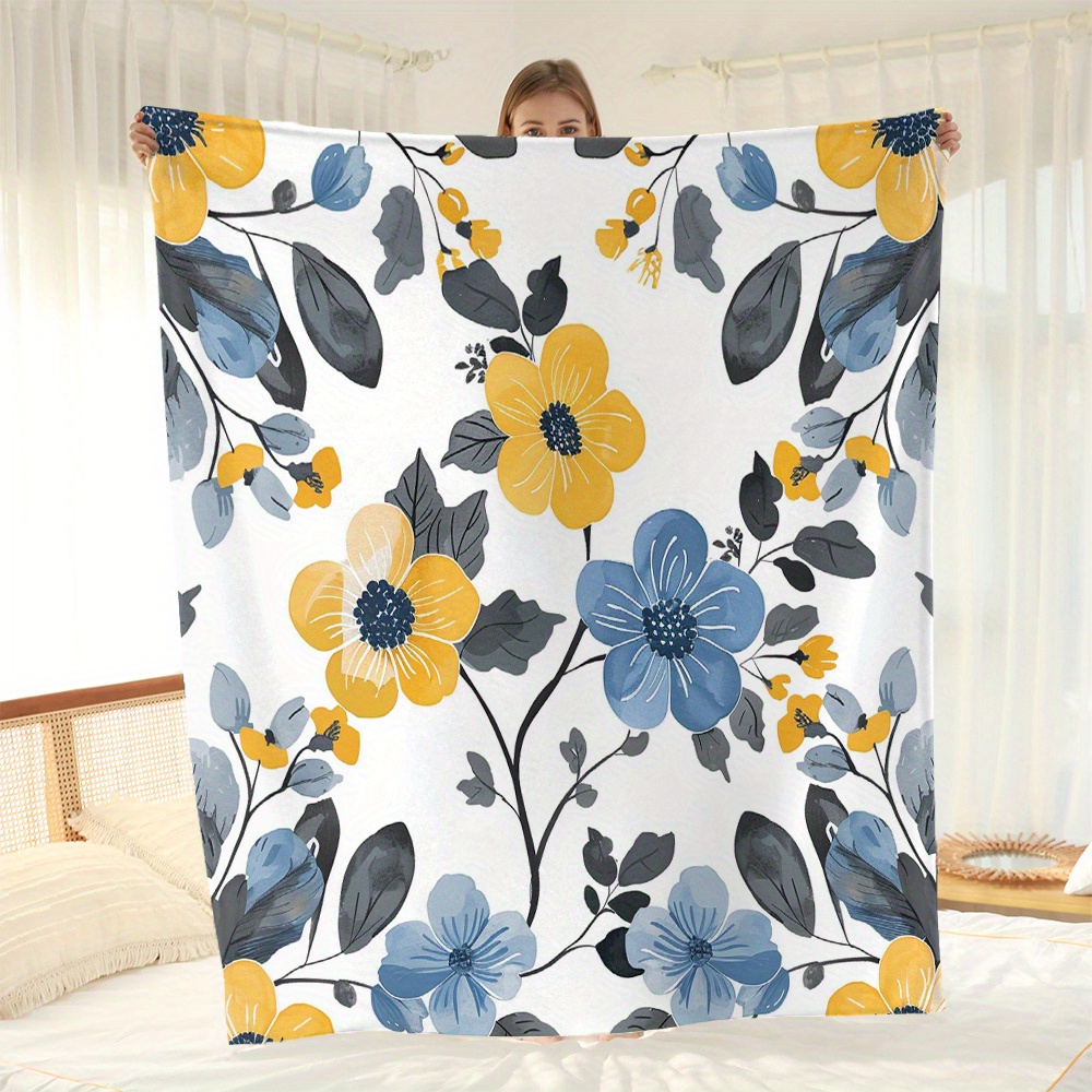 

Floral Print Flannel Fleece Throw Blanket – Lightweight All-season Polyester Bed Sofa Cover, Contemporary Style, Woven Soft Cozy Blanket For Nap, Gift – Blue And Yellow Flowers Pattern