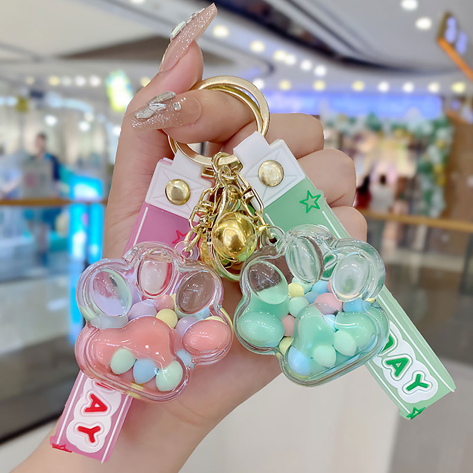 cute cat paw keychain with quicksand floating   lollipop charm 1pc key ring accessory for backpacks and bags details 1