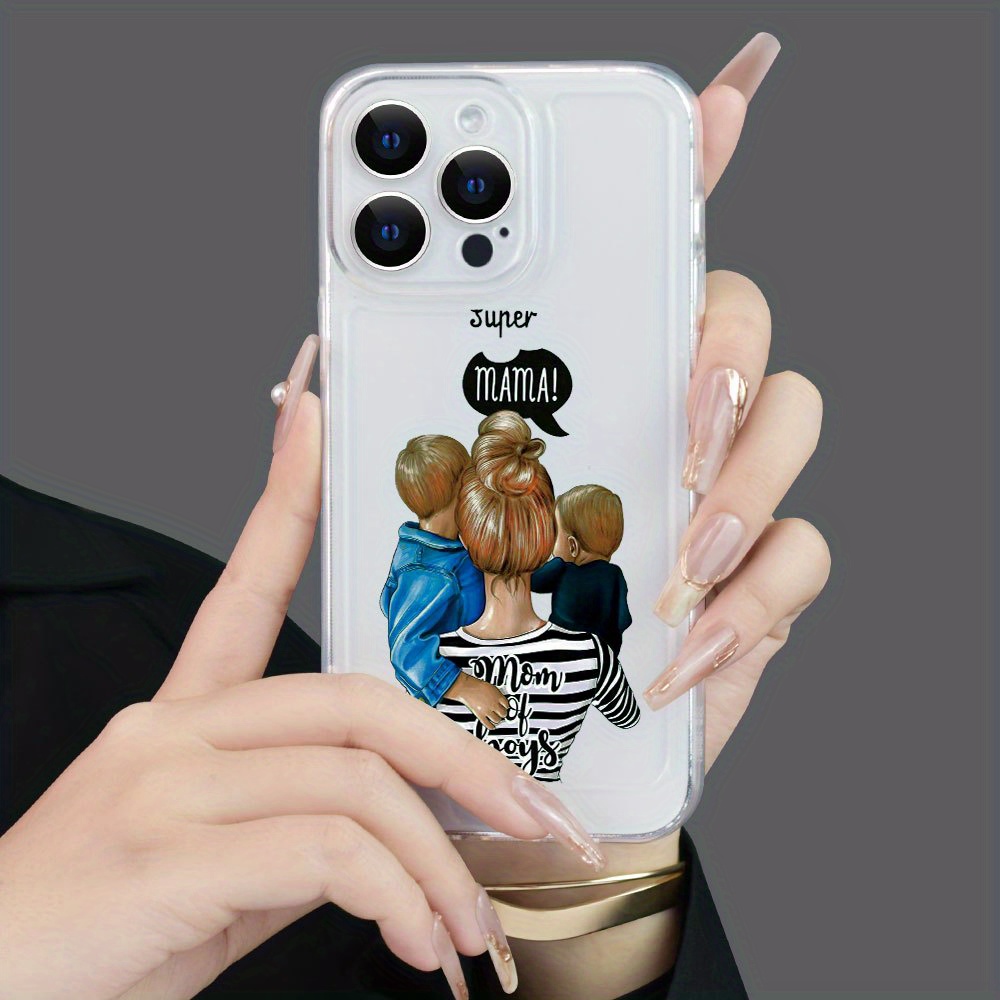 

Super Mama Tpu Phone Case For Series, Transparent Shockproof Anti-fall Protective Cover With Mother And Child Design For Men And Women