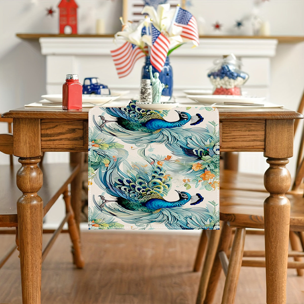 TEMU 1pc, Ink Painting Style Peacock Pattern Table Runner 11.8in*70.8in, Fashionable, Trendy, , Modern Chinese, Luxurious, Elegant, Spring-summer
