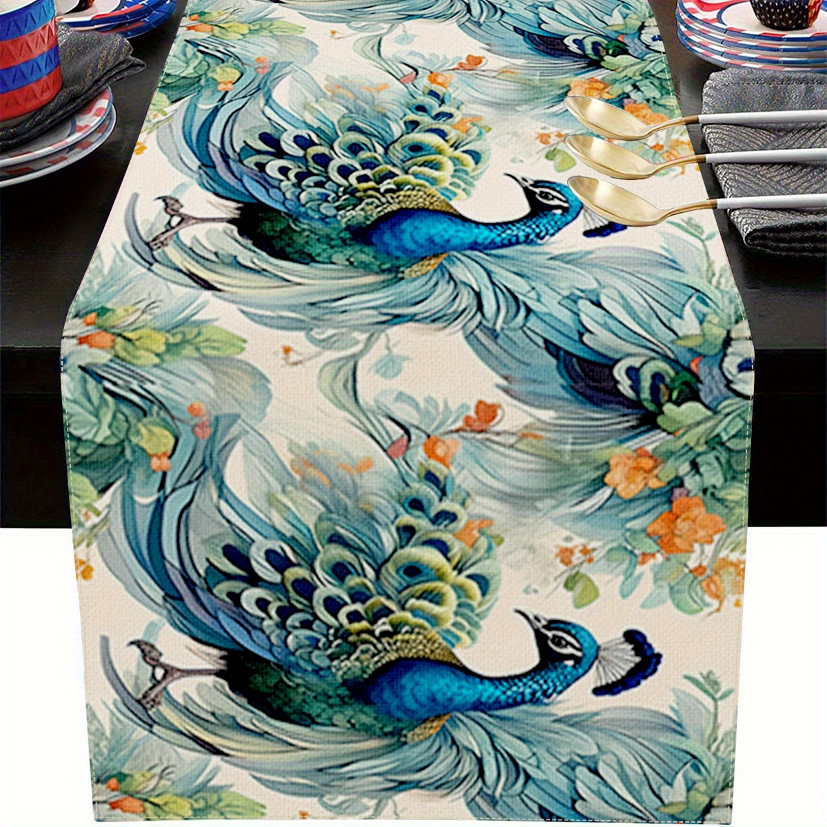 

1pc Elegant Peacock & Floral Linen Table Runner - 11.8in X 70.8in, Vibrant Watercolor Design, Woven Fabric, Indoor & Outdoor Dining, Parties, Farmhouse Decor, And Kitchen Table Settings, Peacock Decor