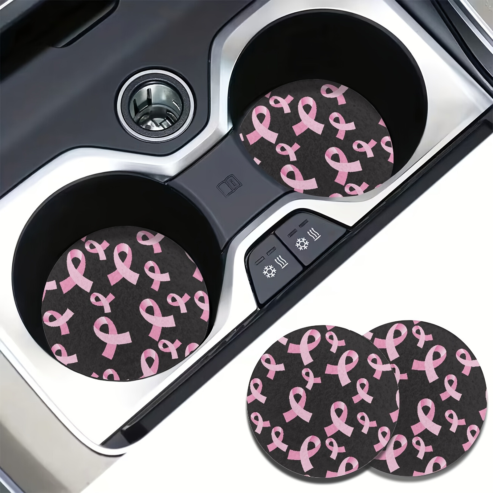 

2 Pcs Ribbon Prints Breast Cancer Awareness Coasters - Absorbent Car Cup Holder For Women, 2.8 Inch, Eva Material