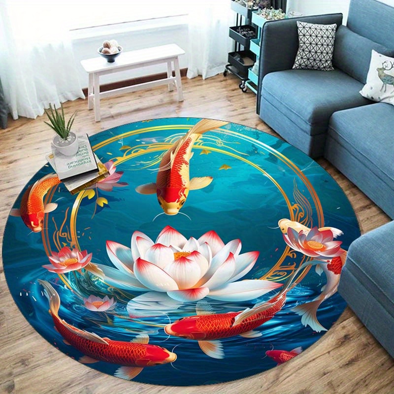 

Non-slip Round Ocean Themed Rug - 100% Polyester Fiber, Washable, Soft Comfort Floor Mat For Bedroom, Living Room, Office - Durable Indoor Decorative Carpet With Vivid Fish And Floral Design