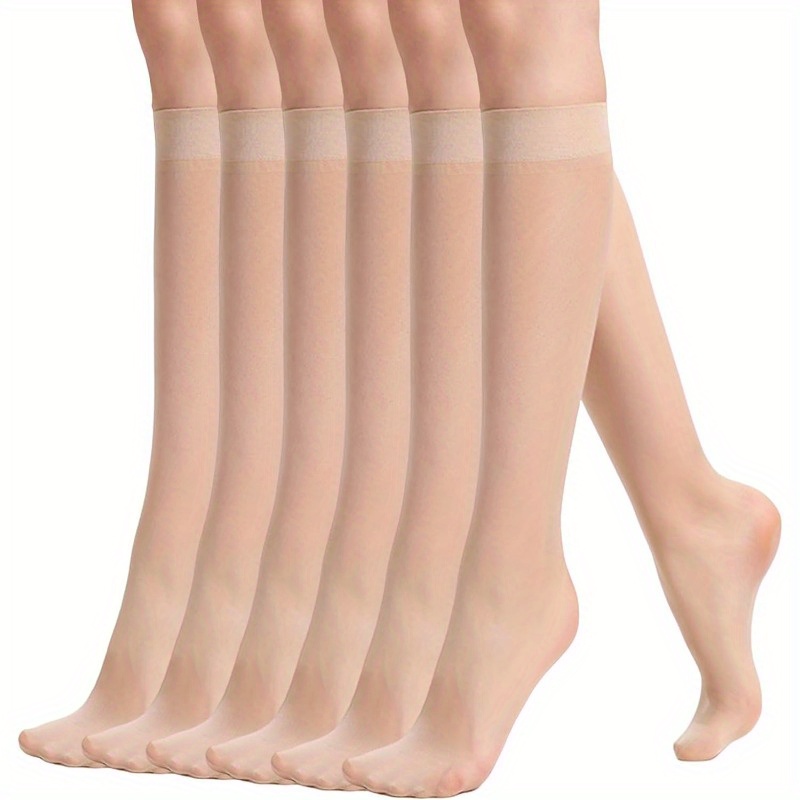 

6 Pairs Casual Solid Calf Socks, Durable Anti-snag Sheer Nylon Knee-high Socks, 1 Size Fits Most