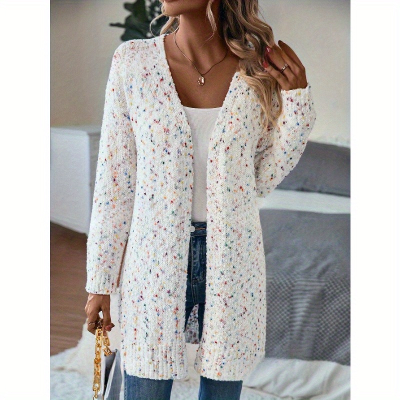 

Colorful Dots Open Front Knitted Cardigan, Elegant Long Sleeve Drop Shoulder Cardigan For Spring & Fall, Women's Clothing