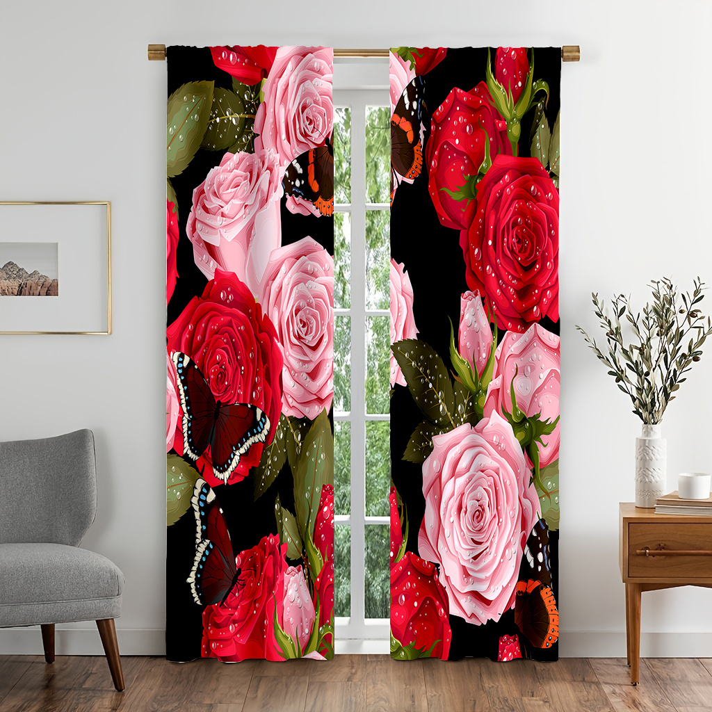 TEMU 2pcs Rose Pattern Door Curtains Flowers Curtains Light And Feel For Cozy Bedroom Chic Office Stylish Kitchen, Living Room And Study