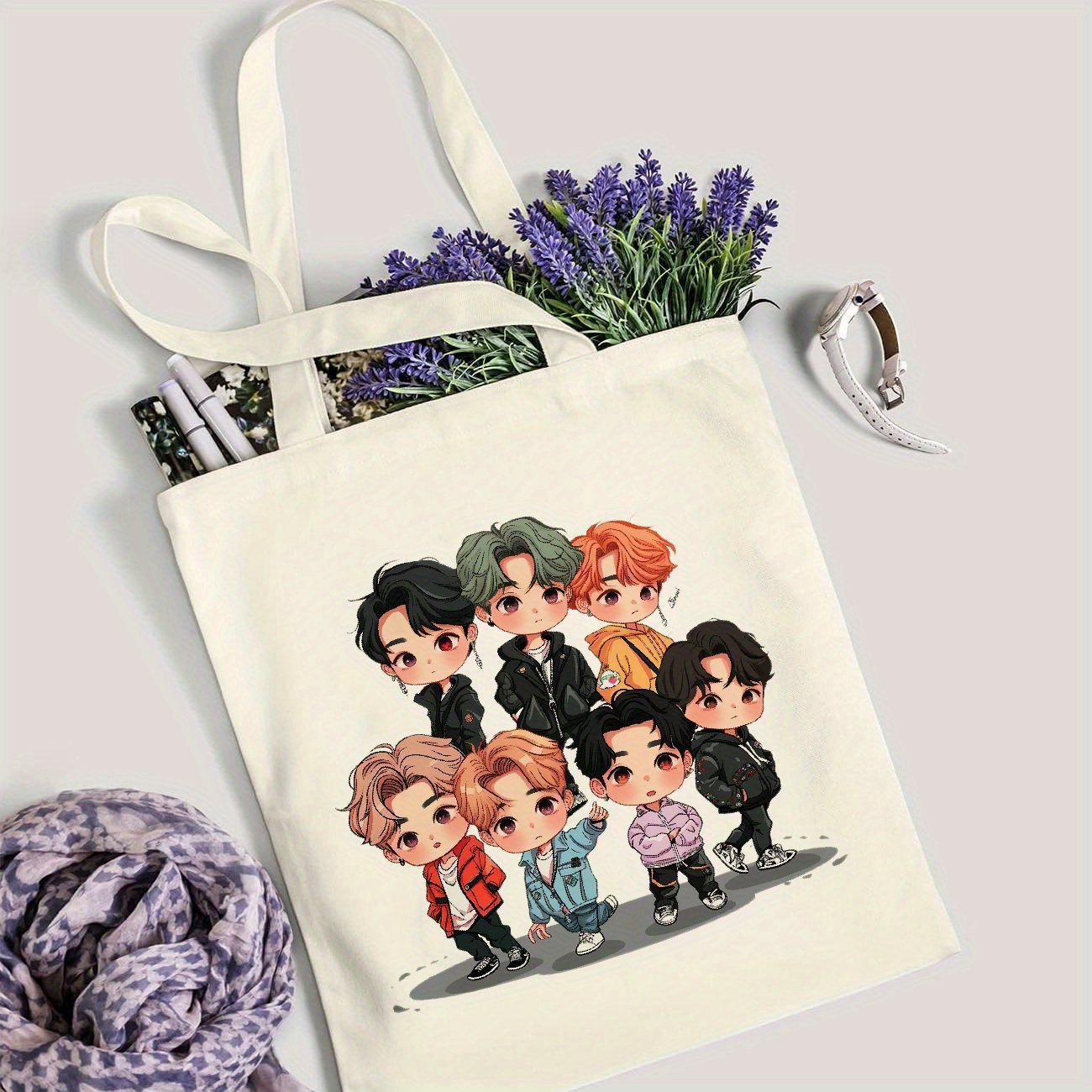 

1pc Kpop Group Pattern Canvas Tote Bags Stylish And Spacious Shoulder Bag For Travel And Shopping