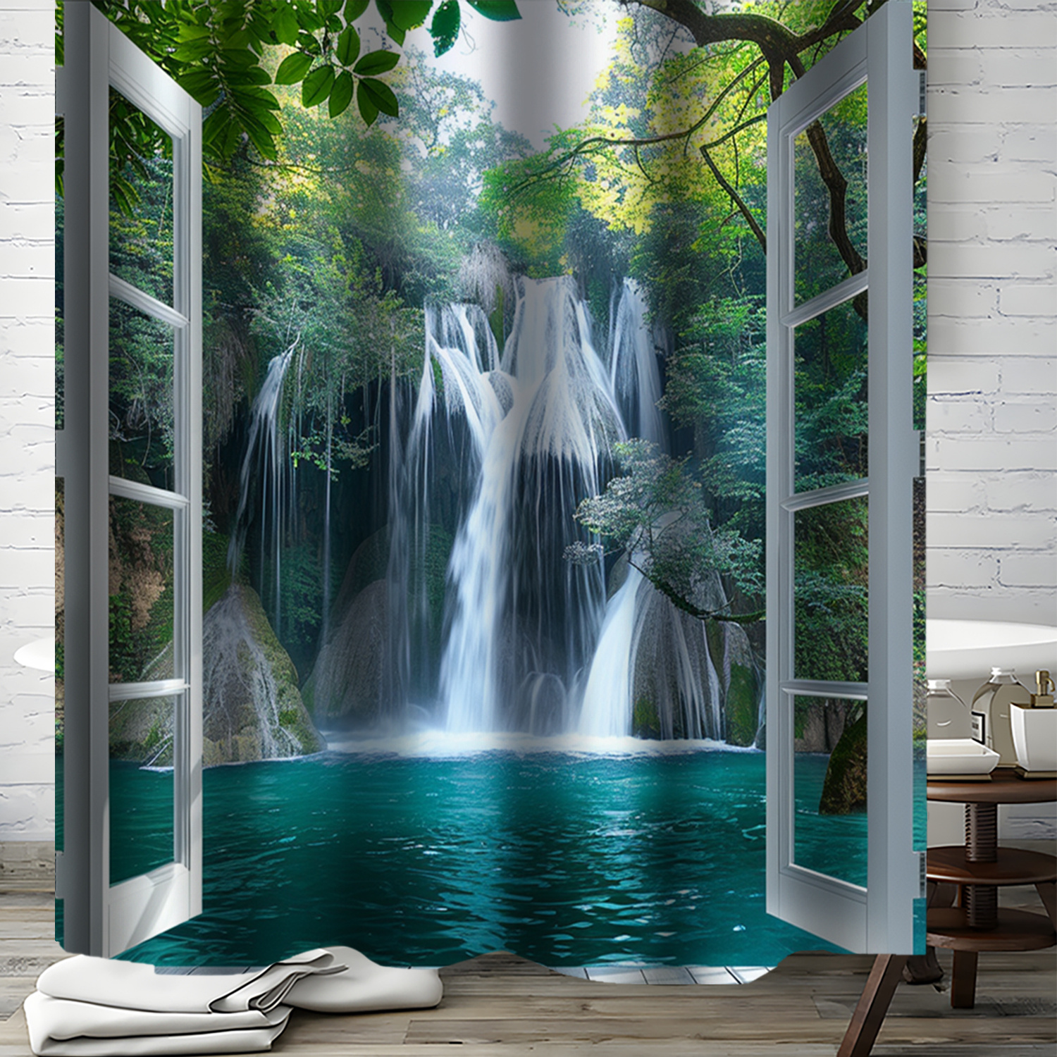 

Luxury 3d Forest Waterfall Window Background Print Shower Curtain With 12 Hooks - 71"x71" - Perfect For Bathroom And Window Decorations