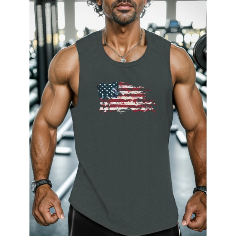 

Retro American Flag Graphic Print Men's Crew Neck Sleeveless Tank Top, Summer Trendy Daily Tank Top, Casual Comfortable Versatile Top For Outdoor Sports & Vacation Hiking