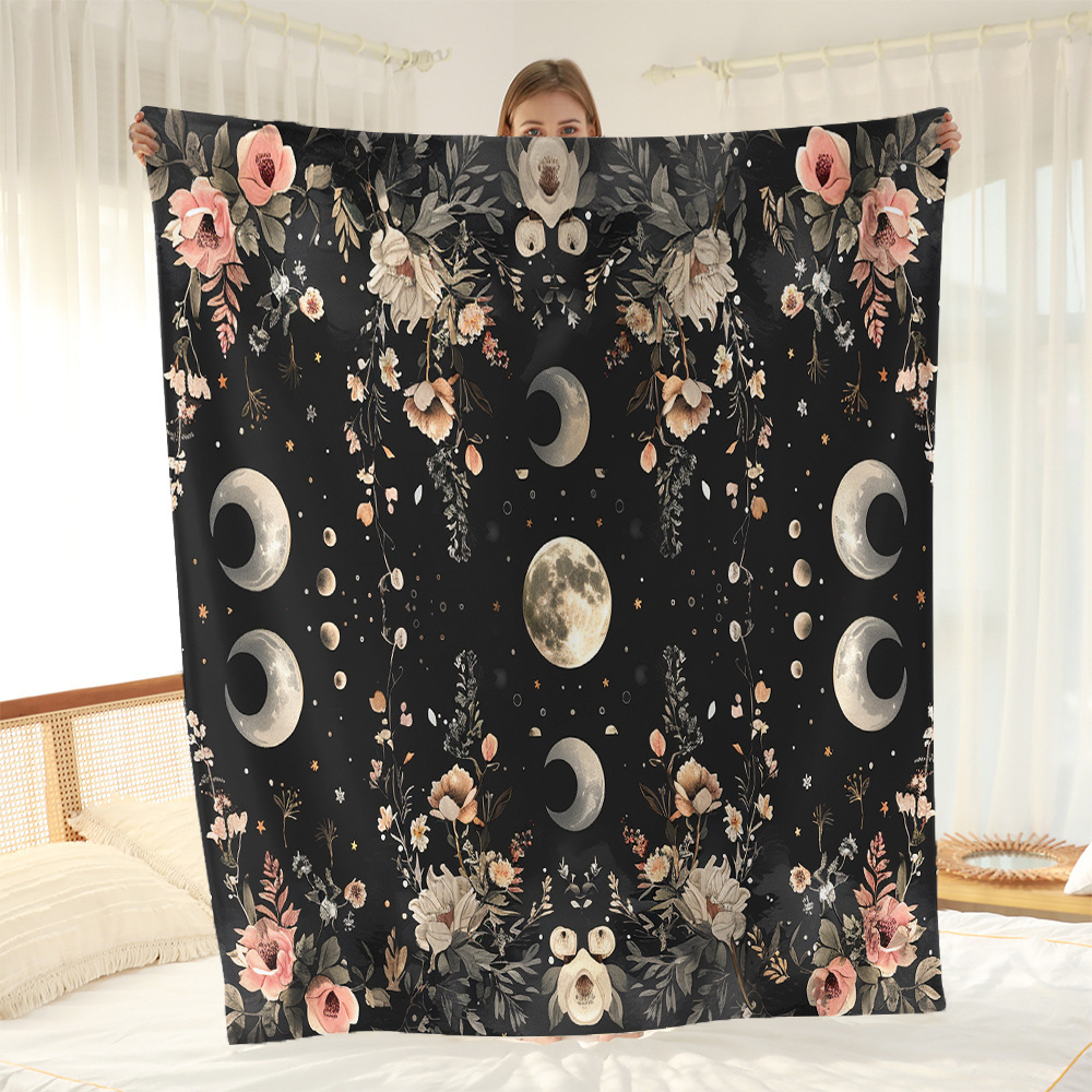 

Floral And Celestial Moon Phase Plush Throw Blanket, All-season Flannel Fleece Blanket For Sofa, Bed, Travel, Gift - Contemporary Style, Woven Polyester, Soft Touch, Lightweight - Various Sizes
