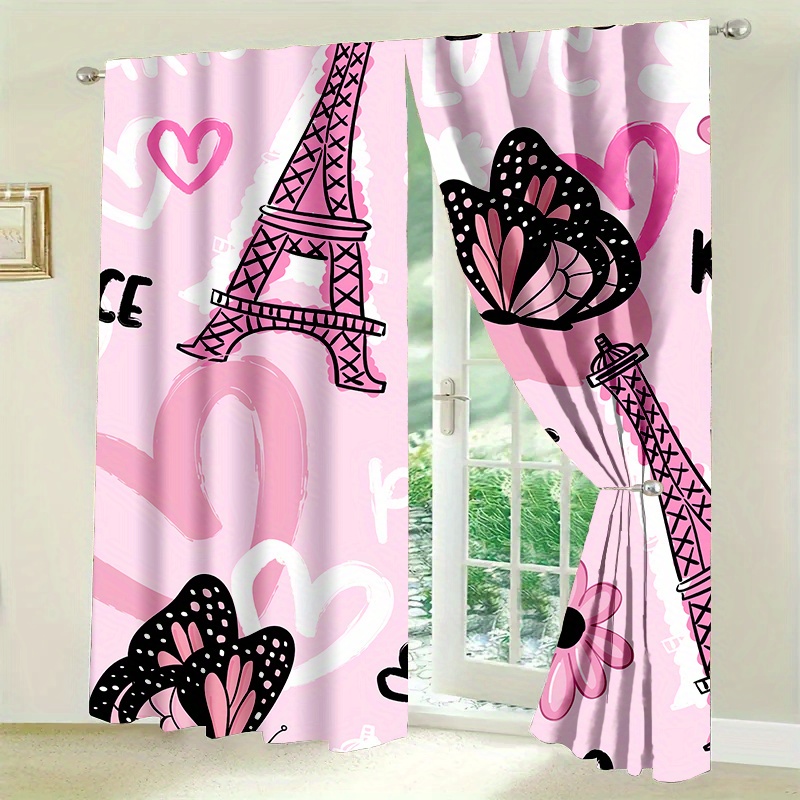 

2pcs Paris Eiffel Tower Satin Door Curtains, Fashion Themed Pink Polyester Curtain For Bedroom, Unlined Machine Washable Curtain Set With Tie Backs, Art Deco Landscape Pattern With Flowers, All-season