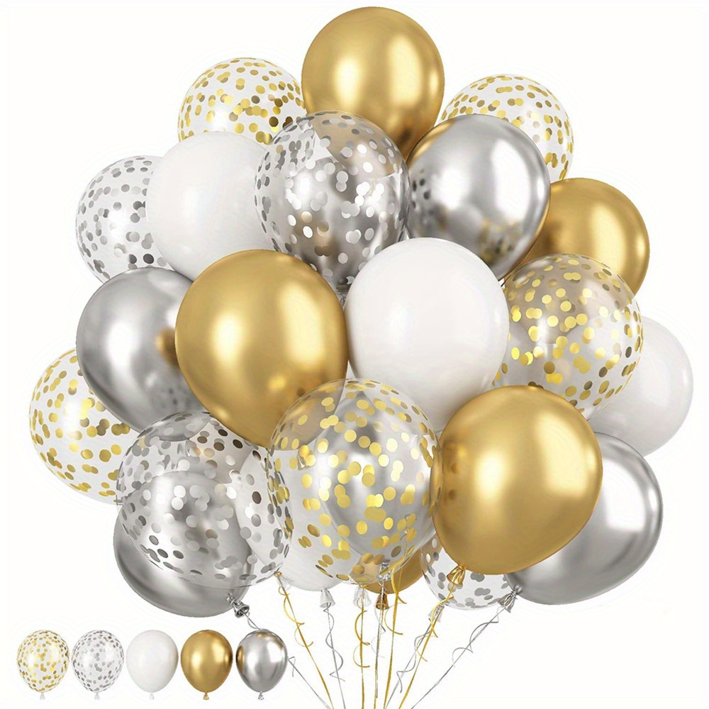 

50pcs Golden And Silver Latex Balloons 10 Inch Metallic Gold Silver And White Confetti Balloons For Birthday Baby Shower Engagement Anniversary Wedding Bridal Shower Graduation Decoration