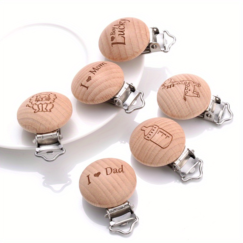 

5 Pcs Wooden Pacifier Clips With Assorted Engravings, 3mm Round Dummy Clips, Random Print, Anti-drop Nipple Holders