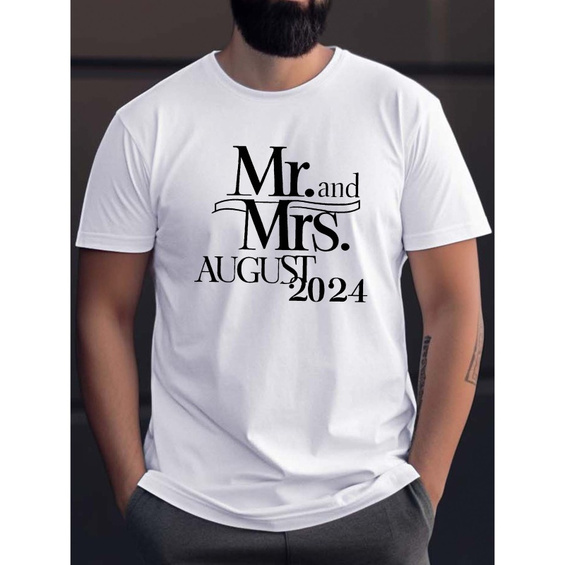 

Joyous Wedding Announcement Creative Print Summer Casual T-shirt Short Sleeve For Men, Sporty Leisure Style, Fashion Crew Neck Top For Daily Wear