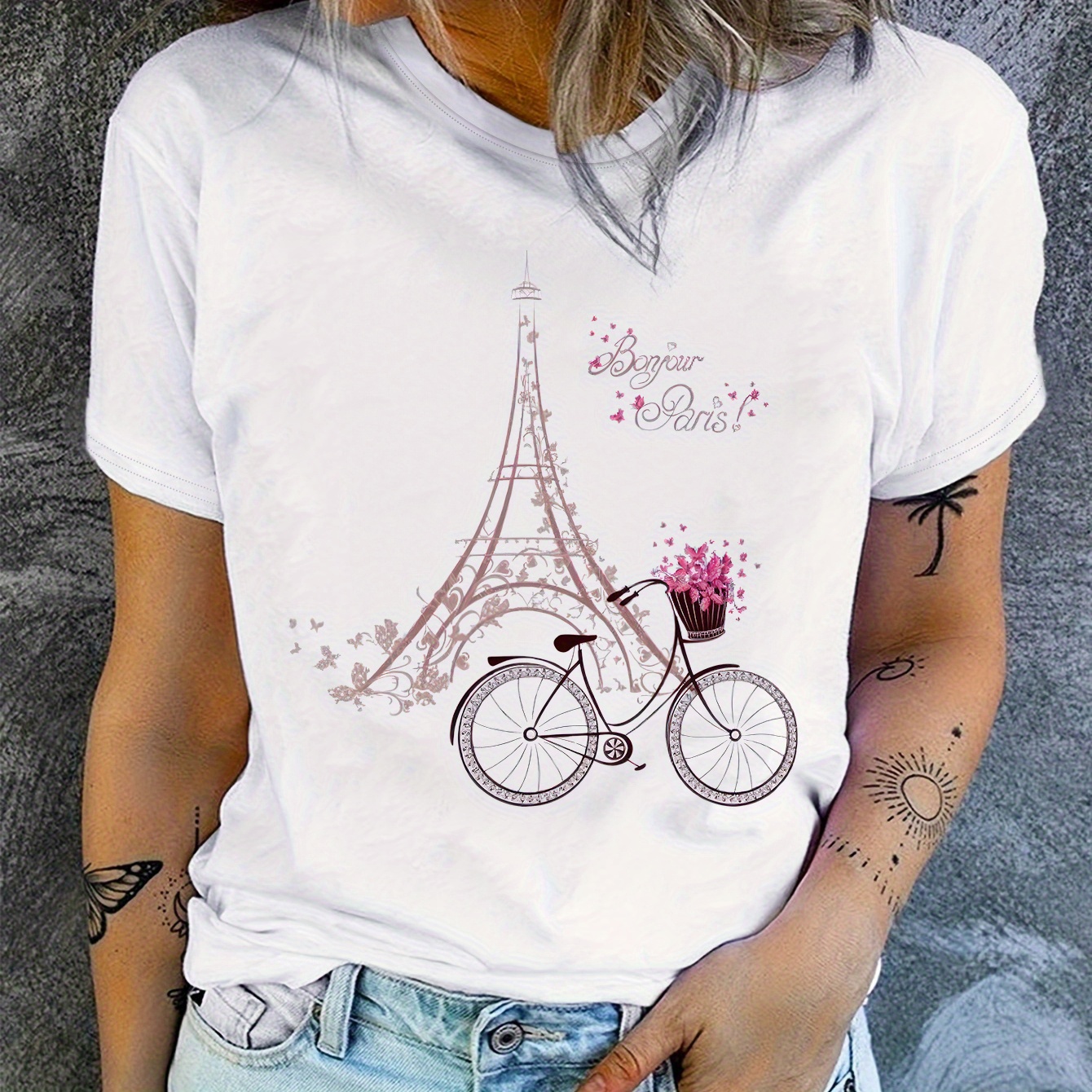 

Eiffel Tower Print T-shirt, Short Sleeve Crew Neck Casual Top For Summer & Spring, Women's Clothing