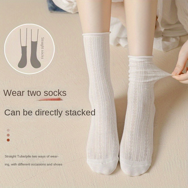 

2 Pairs Solid Striped Socks, Simple Japanese Style Rolled Edge Mid Tube Socks, Women's Stockings & Hosiery