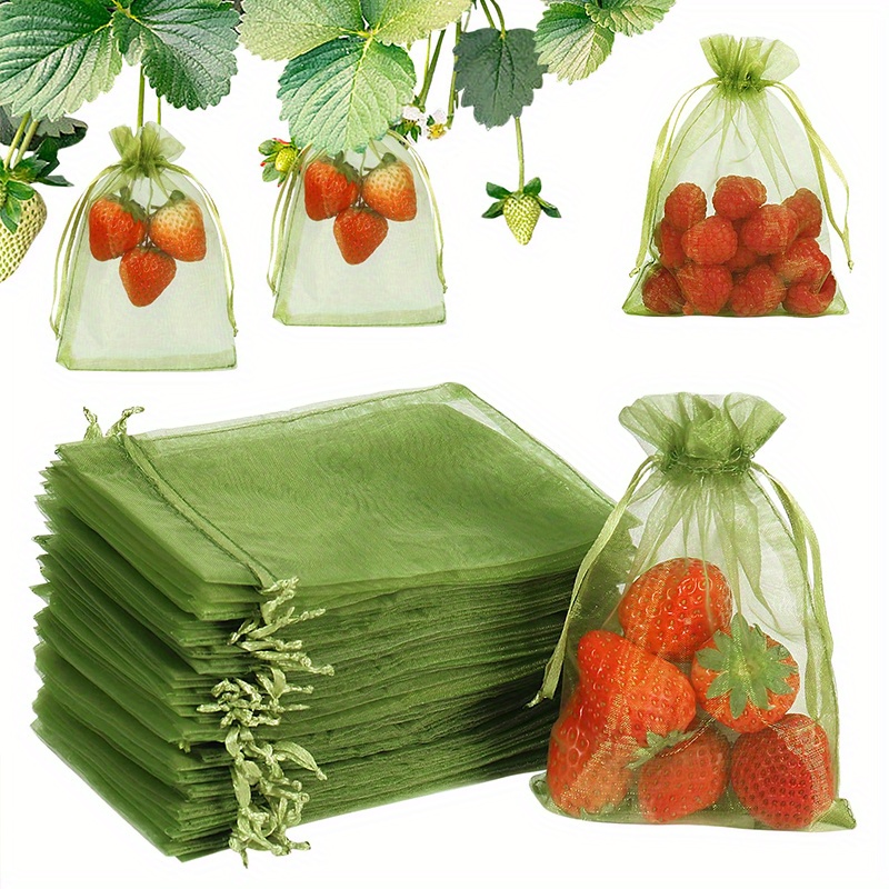 

50 Pack Fruit Protection Bags, 4x6 Inch Green Mesh Drawstring Net Bags For Strawberries, Blueberries, Small Fruits - Pest Barrier, No Electricity Needed