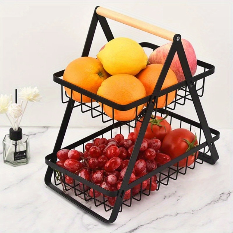 

Versatile 2-tier Metal Fruit Basket With Detachable Design - Rust-resistant Iron, Portable Wooden Handle For Easy Storage Of Fruits, Vegetables & More - Perfect For Kitchen Organization