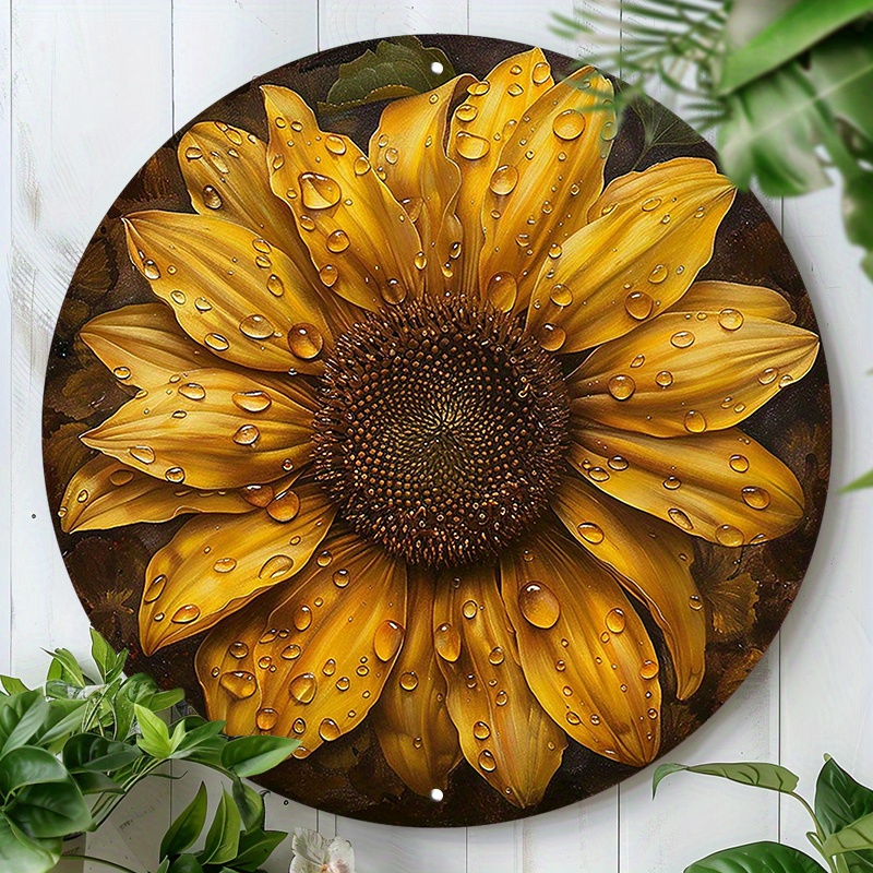 

Sunflower Metal Sign Wall Decor - Waterproof Aluminum Garden Art, 8-inch Round Retro Tin Sign For Home, Office, And Outdoor Use