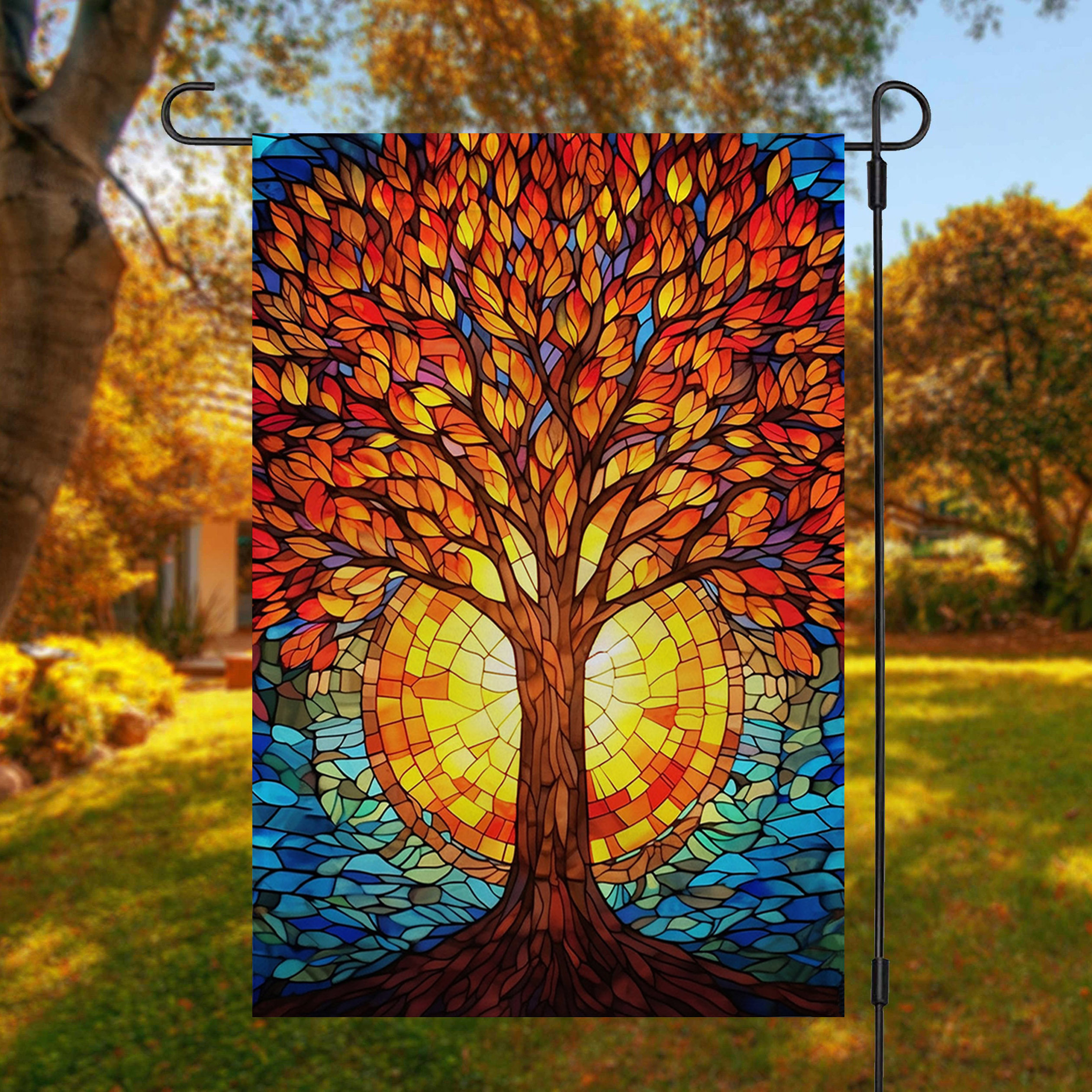 

Tree Of Life Garden Flag - Double-sided, Stained Glass Design, Fall Leaves Yard Decor, Durable Polyester, No Flagpole Needed, 12x18in Fall Garden Flag Garden Decorations Flag