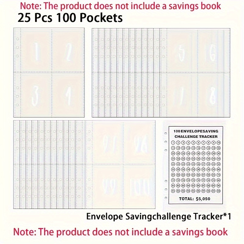 

100-pocket A5 Binder Sleeve Envelope For 52-week Money Saving Challenge - Durable Pp Material, Ideal For Daily Office Use