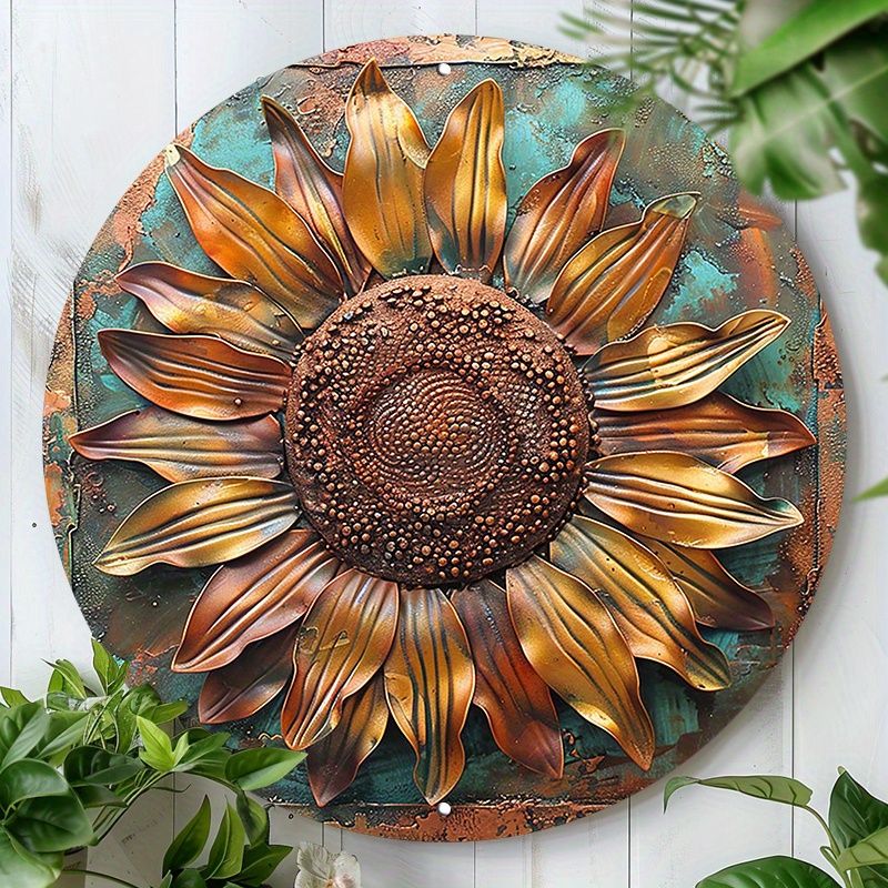 

1pc Retro Sunflower Round Aluminum Wall Art Decor - 8x8 Inch Metal Tin Sign For Home, Bedroom, Garden, Office - Waterproof And Easy To Install