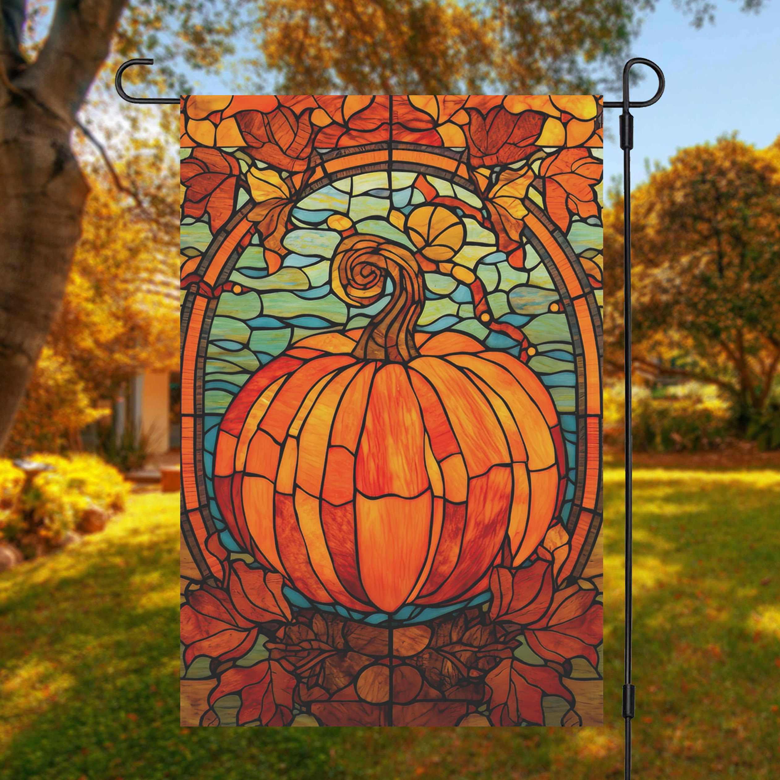 

Jit Fall Pumpkin Harvest Double-sided Garden Flag - Polyester Stain Glass Style Autumn Yard Flag, Multipurpose Outdoor Home Decor, Weather-resistant, 12x18in - No Flagpole Included