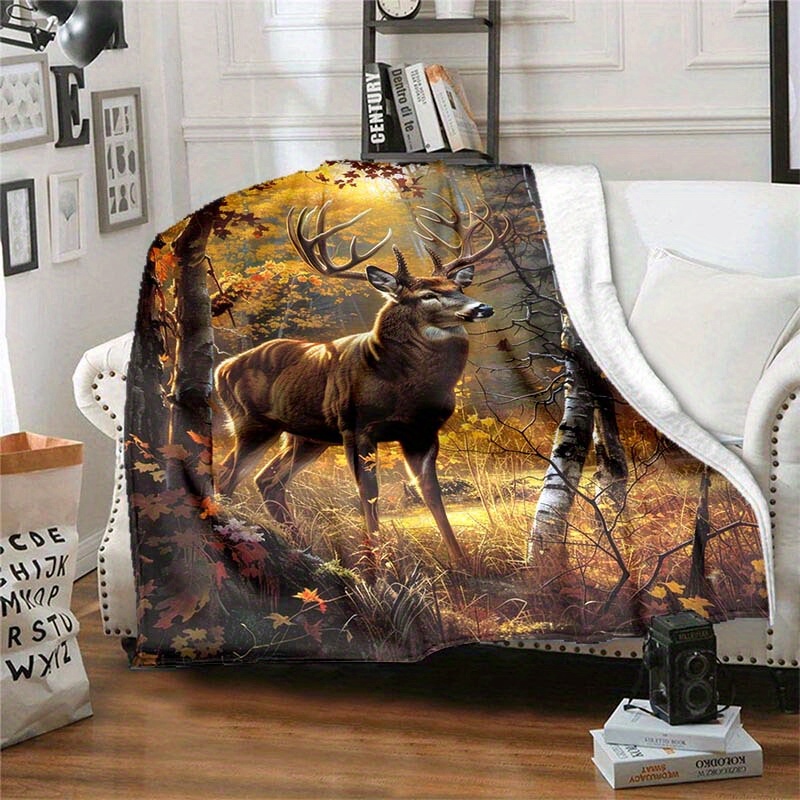 Artistic Deer Pattern Flannel Blanket, Soft Cozy Travel Throw for All Seasons, Indoor & Outdoor Use, Polyester, 100% Polyester, Ideal for Airplane, Camping, Sofa, Bed, Car, and Family Holidays - Perfect Gift for Christmas, Birthdays