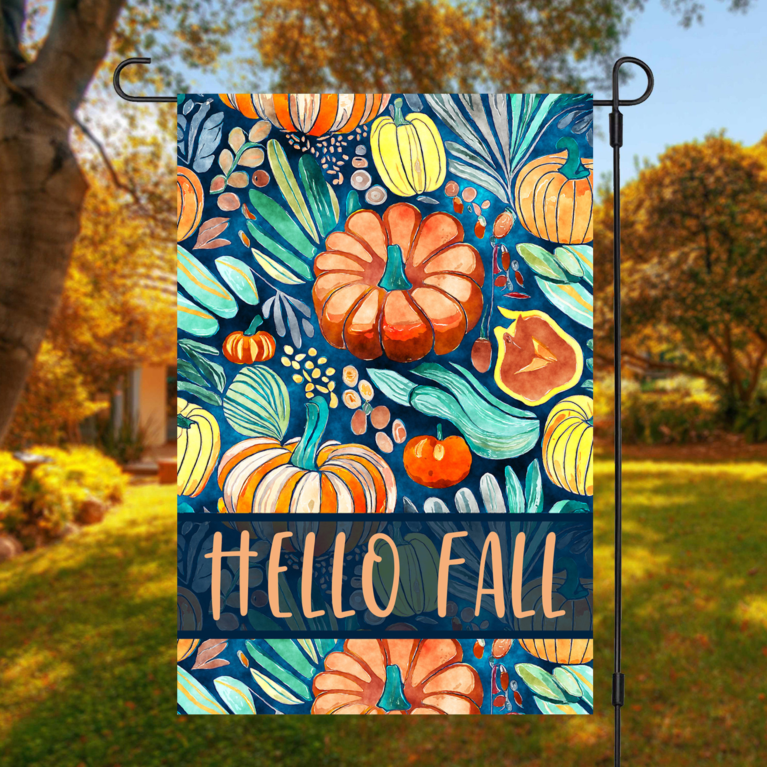 

Hello Fall Polyester Garden Flag - Double-sided Autumn Pumpkins And Leaves Design, Weather-resistant Home & Yard Decor, Multipurpose Outdoor Flag, 12x18in, No Flagpole Needed