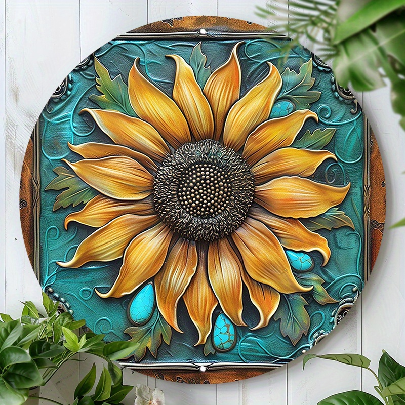 

8-inch Round Sunflower Aluminum Metal Sign - Waterproof Vintage Wreath Wall Art For Home, Garden, Cafe Decor