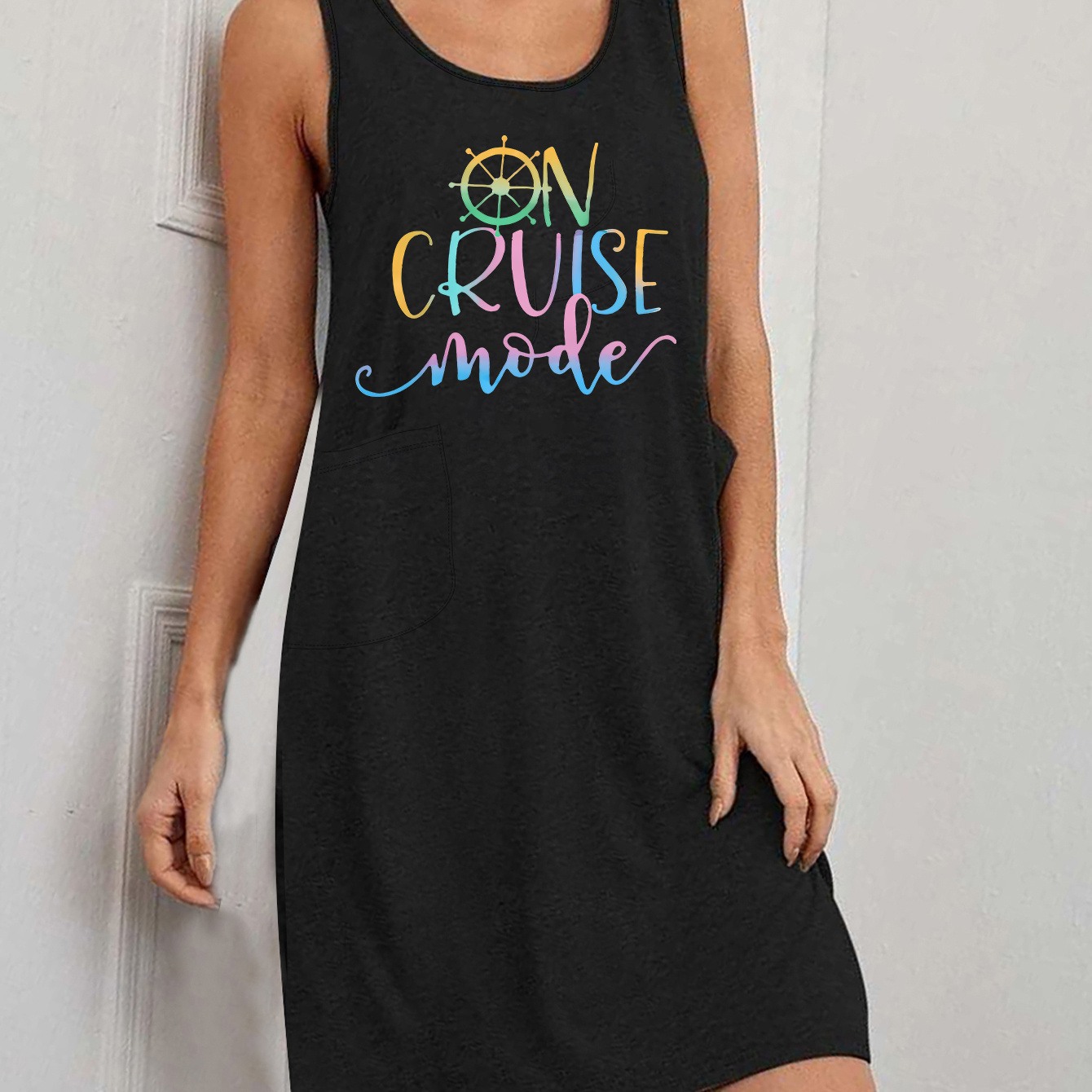 

Cruise Print Patch Pocket Tee Dress, Casual Tank Dress For Spring & Summer, Women's Clothing