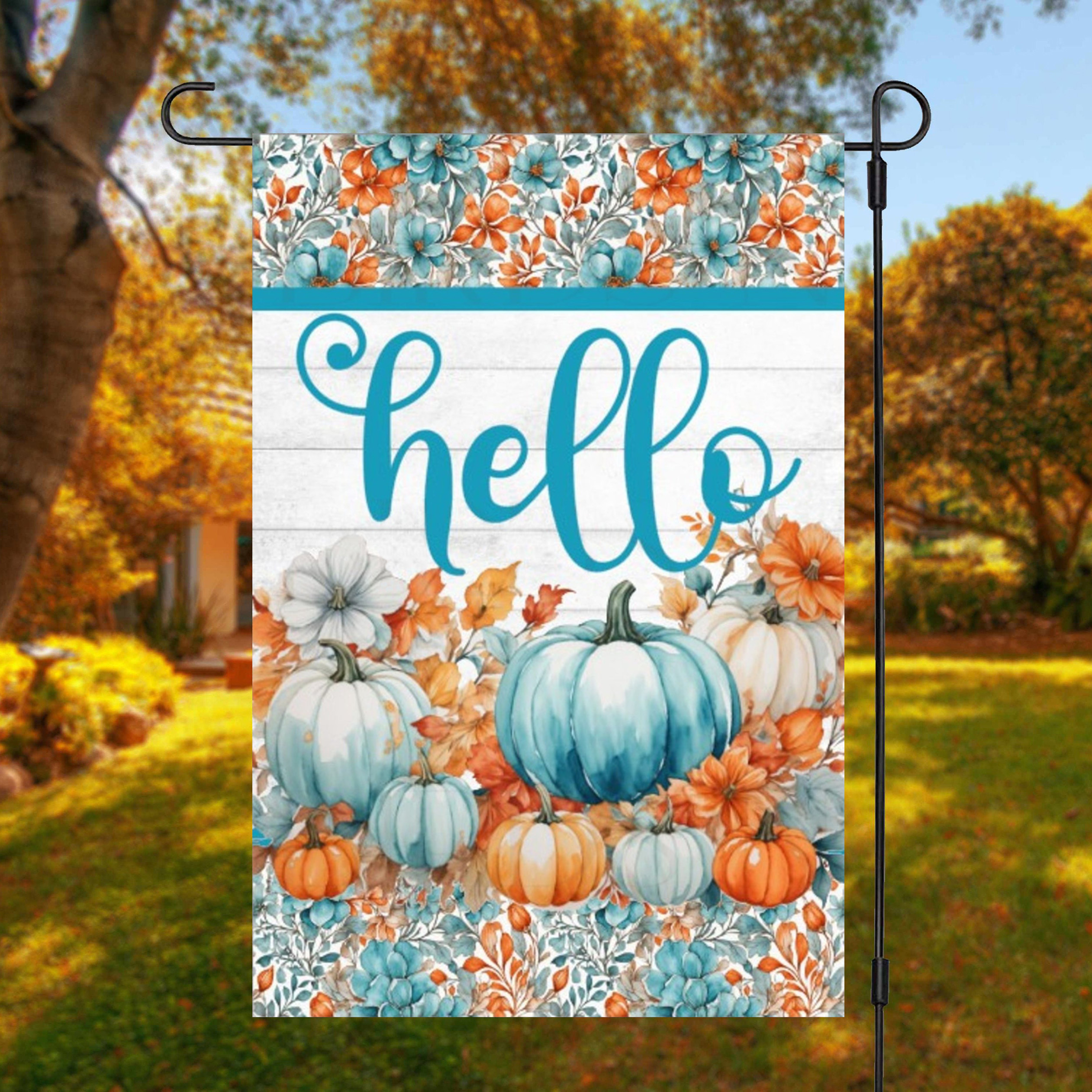 

Hello Autumn Blue Pumpkins Polyester Garden Flag, Double Sided Yard Decor, Weather Resistant Multipurpose Outdoor Flag 12x18in, No Flagpole Needed