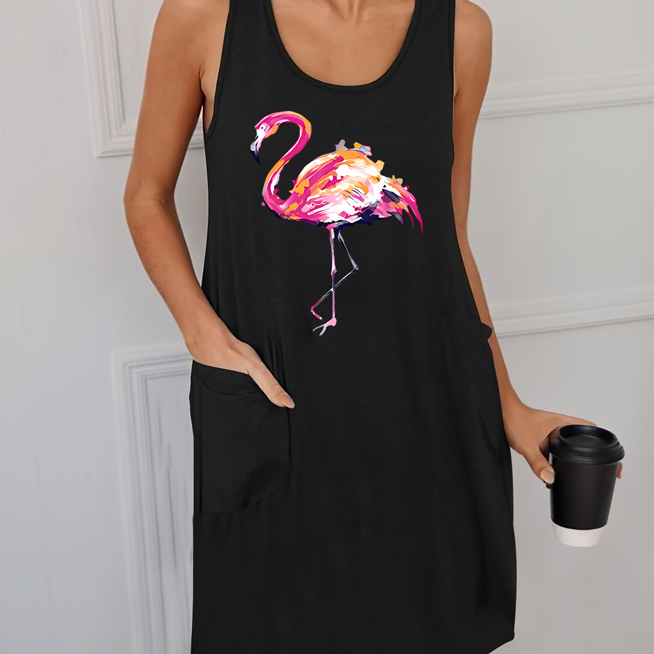 

Flamingo Print Patch Pocket Tee Dress, Casual Tank Dress For Spring & Summer, Women's Clothing